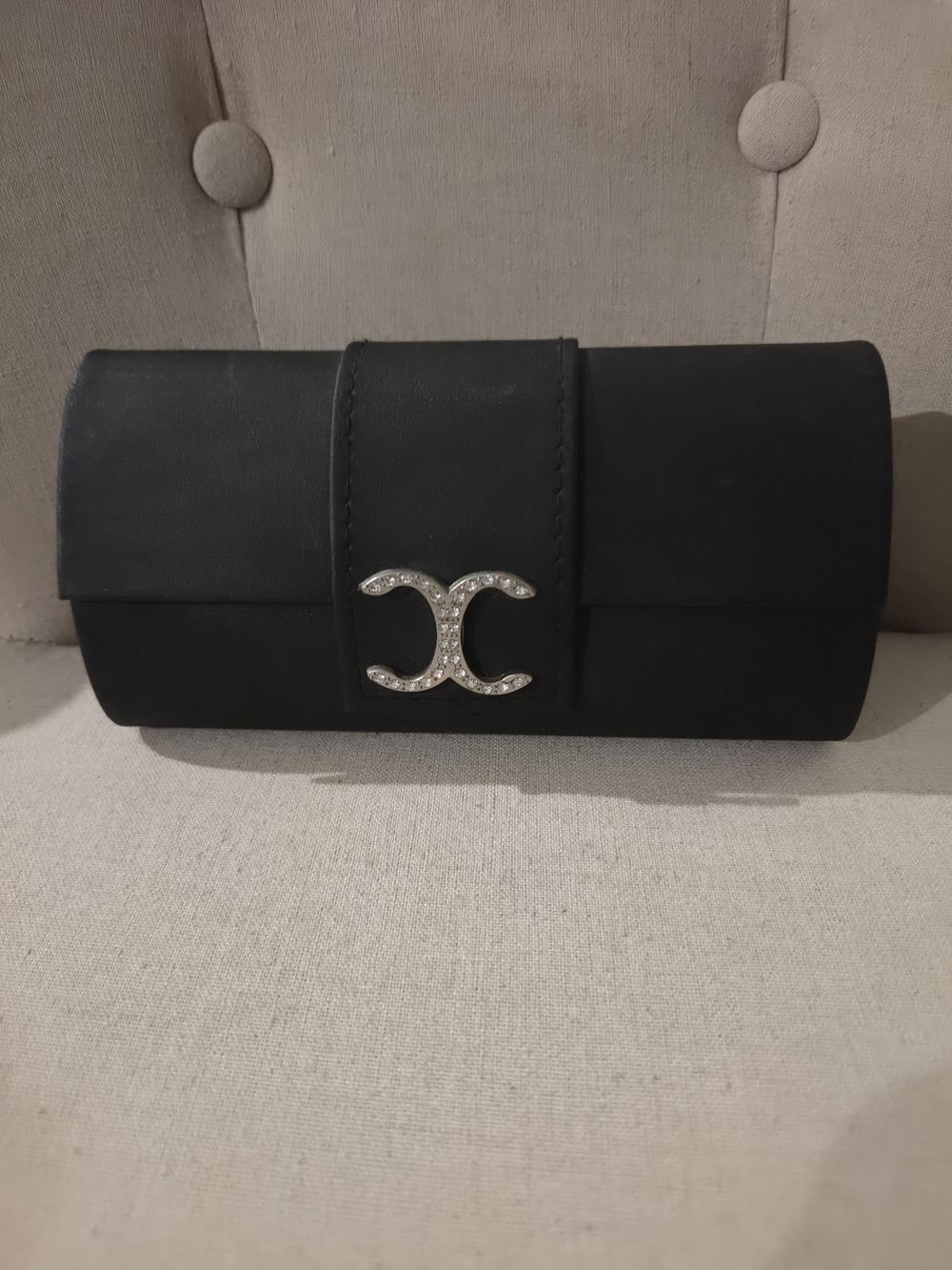 Elegant Black Satin Clutch with Crystal Accent